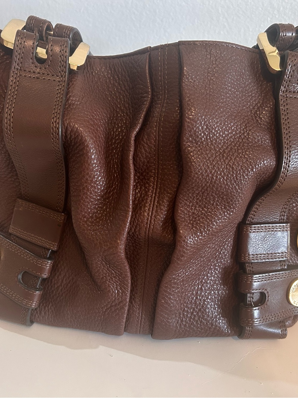 Michael Kors Chocolate Brown Pebbled Leather Shoulder Bag with Gold Hardware - Picture 6 of 13